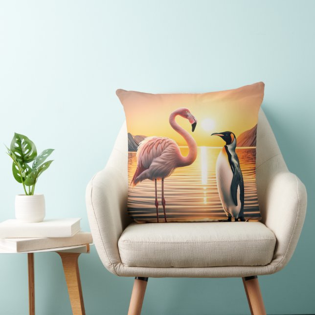 Flamingo en Pinguïn Zonsondergang Ontmoeting Kussen (Stoel)
