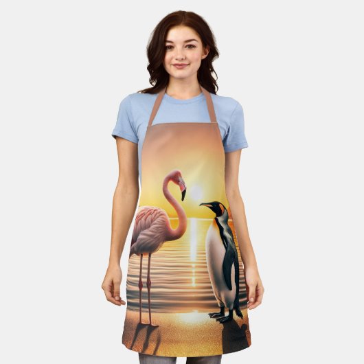 Flamingo en Pinguïn Zonsondergang Ontmoeting Schort (Gedragen)