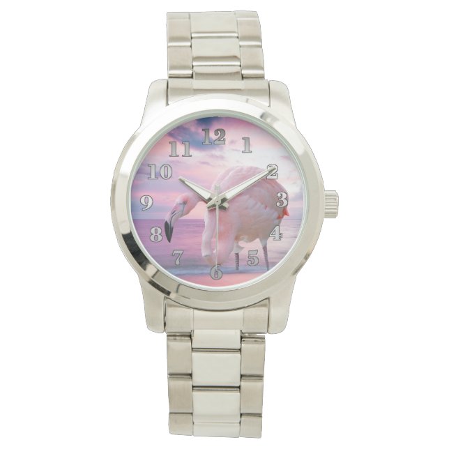 Flamingo en Pink Sky Horloge (Voorkant)