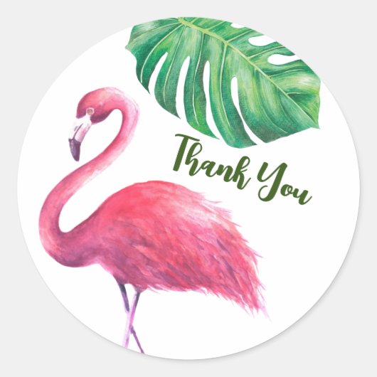 Flamingo en Tropische Bladeren Bedankt Ronde Sticker (Voorkant)