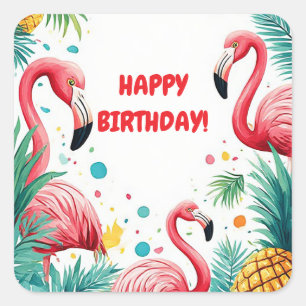 🦩 Flamingo En Tropische Bloemen Zomer Frame 🍍 Vierkante Sticker