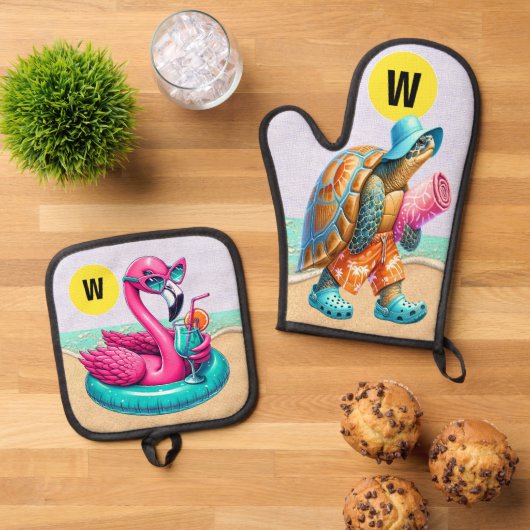 Flamingo en Turtle plezier Ovenwant & Pannenlap Set (Top down)