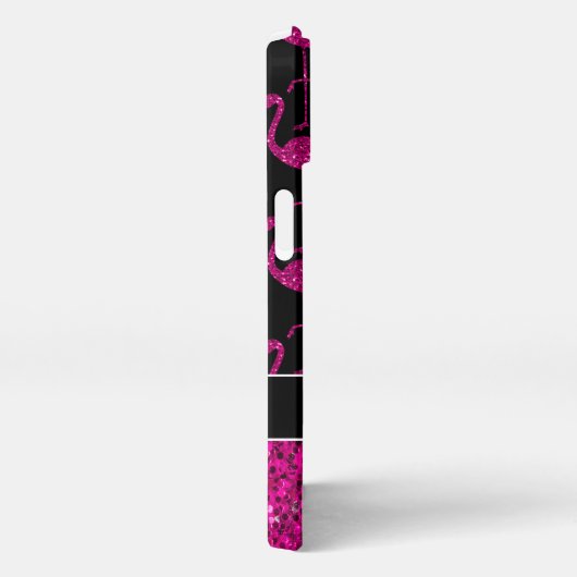 Flamingo faux sparkles zwarte monogram iPhone hoesje (Rechterkant)