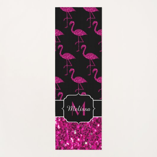 Flamingo faux sparkles zwarte monogram yogamat (Voorkant)