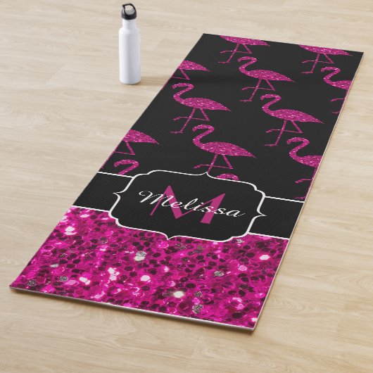 Flamingo faux sparkles zwarte monogram yogamat (In situ)