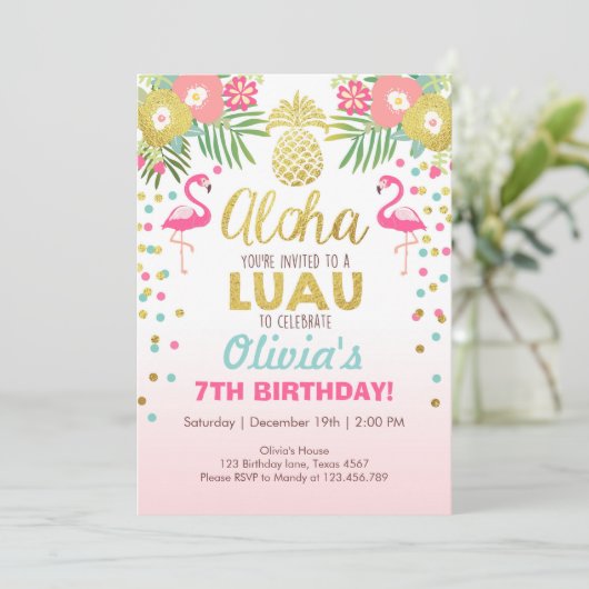 Flamingo feestuitnodiging Tropische Verjaardag lua Kaart (Staand voorkant)