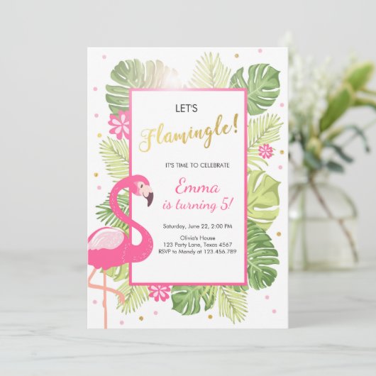 Flamingo feestuitnodiging Tropische Verjaardag lua Kaart (Staand voorkant)