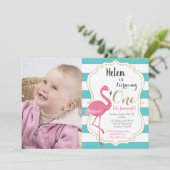 Flamingo First Birthday Invitation Girl Kaart (Staand voorkant)