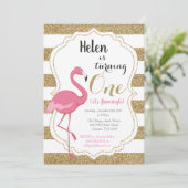 Flamingo First Birthday Invitation Girl Kaart (Staand voorkant)