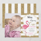 Flamingo First Birthday Invitation Girl Kaart (Voorkant / Achterkant)