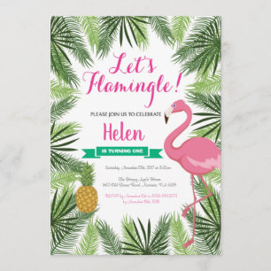 Flamingo First Birthday Invitation Girl Kaart