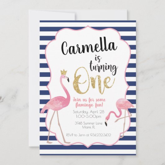Flamingo First Birthday Invitation Navy Stripes Kaart (Voorkant)