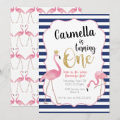 Flamingo First Birthday Invitation Navy Stripes Kaart (Voorkant / Achterkant)