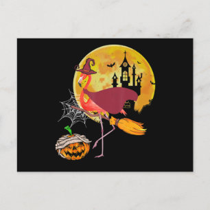 Flamingo   Flamingo die op bezem pompoen Halloween Feestdagenkaart