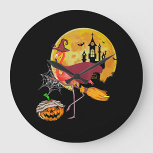 Flamingo   Flamingo Riding Broom Pumpkin Halloween Grote Klok