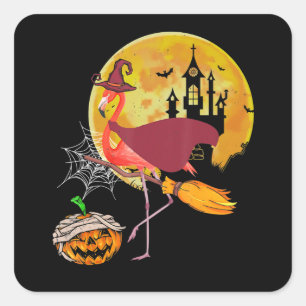Flamingo   Flamingo Riding Broom Pumpkin Halloween Vierkante Sticker