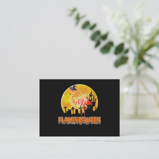 Flamingo Flamingoween Funny Witch Halloween Informatiekaartje (Staand voorkant)