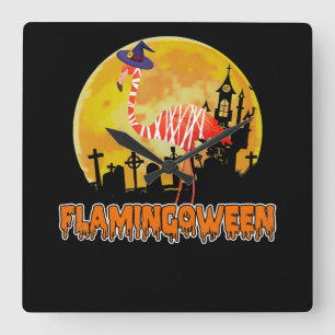 Flamingo Flamingoween Funny Witch Halloween Vierkante Klok