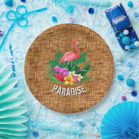 Flamingo Flowers op Wicker Pattern Papieren Bordje (Feest)