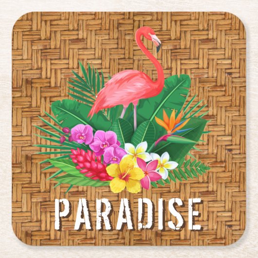 Flamingo Flowers op Wicker Pattern Vierkante Kartonnen Onderzetter (Voorkant)