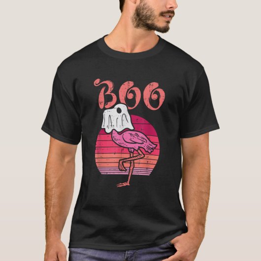 Flamingo Ghost Boo Pink Sunset Retro Halloween Bir T-shirt (Voorkant)