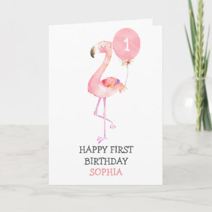 Flamingo Girl Pink First Birthday 1st Birthday Kaart