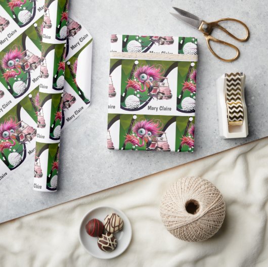 Flamingo Golfer met golfkar op roze voor vrouw Cadeaupapier (Crafts)
