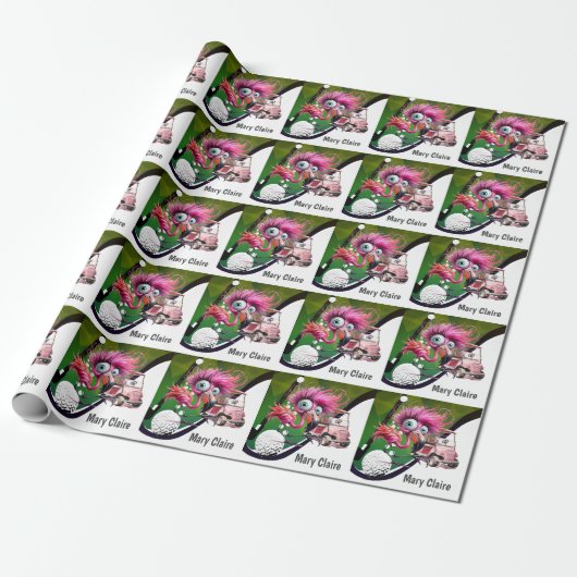 Flamingo Golfer met golfkar op roze voor vrouw Cadeaupapier (Uitgerold)