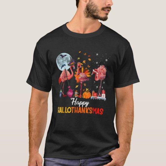 Flamingo Halloween en Merry KerstHappy Hallo T-shirt (Voorkant)