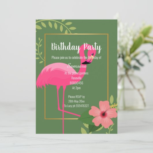 FLAMINGO HIBISCUS SAGE GREEN GOLD BIRTHDAY KAART (Staand voorkant)
