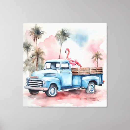 Flamingo in blauwe retro vrachtwagen canvas afdruk (Voorkant)