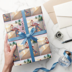 Flamingo in een rok met een champagneglas cadeaupapier
