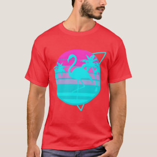 Flamingo in een vintage 80s strand met palmen Vapo T-shirt