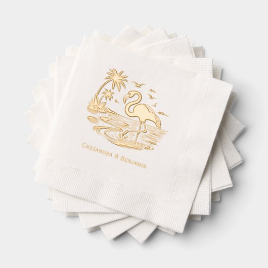 Flamingo in het water, strand, palmbomen met paar  folie servetten (Insitu (Gestapeld))