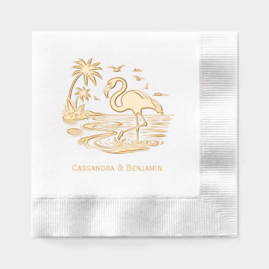 Flamingo in het water, strand, palmbomen met paar  folie servetten (Voorkant)