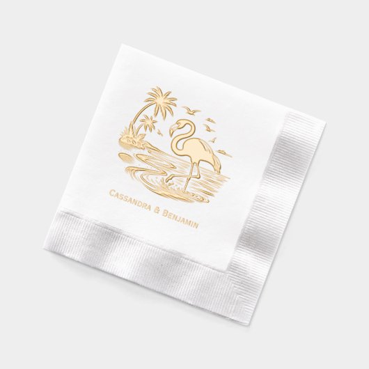 Flamingo in het water, strand, palmbomen met paar  folie servetten (Links)