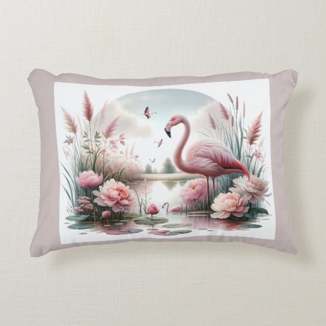 Flamingo in Pastel Pond Floral Scene Accent Kussen (Voorkant)