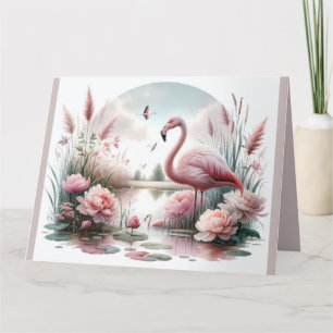 Flamingo in Pastel Pond Floral Scene Bedankkaart