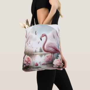 Flamingo in Pastel Pond Floral Scene Draagtas