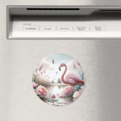 Flamingo in Pastel Pond Floral Scene Magneet (Insitu (Vaatwasser))