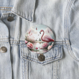Flamingo in Pastel Pond Floral Scene Ronde Button 7,6 Cm