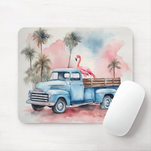 Flamingo in retro blauwe vrachtwagen muismat (Met muis)