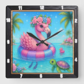 Flamingo Inner Tube Beach Vierkante Klok (Voorkant)