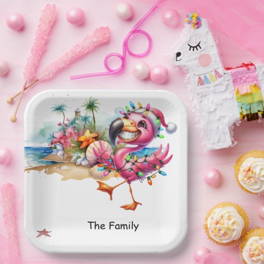 Flamingo kerst in juli op het strand papieren bordje (Feest)