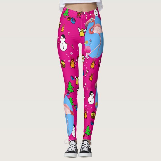 Flamingo Kerstmis Funny Doodles Festive Fun Leggings (Voorkant)