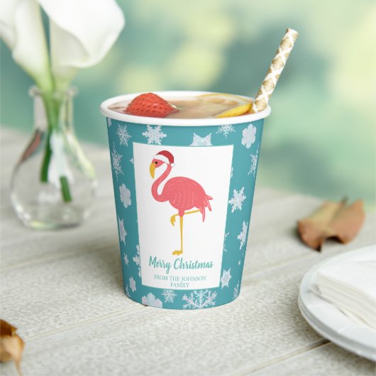 Flamingo Kerstmis Snowflake Blue Tropical Family Papieren Bekers (Insitu)