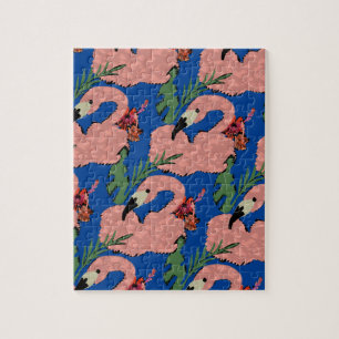 Flamingo Kunst Handgetekende Hibiscus Palmbladeren Legpuzzel