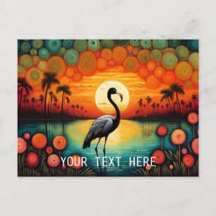 Flamingo Lake Sunset Palmboom Kleurrijke Bloemen Briefkaart