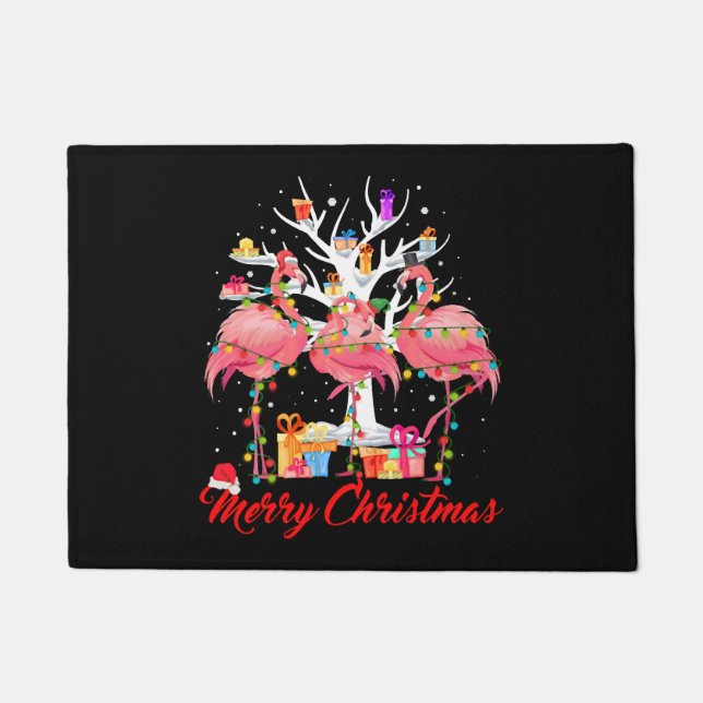 Flamingo Lights Santa Hat Sweater Tree Deurmat (Voorkant)