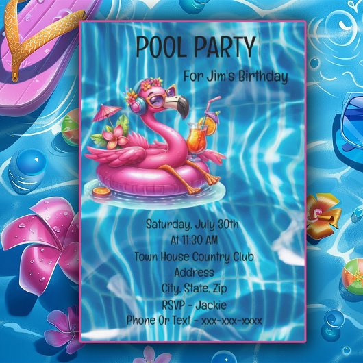 Flamingo loungen in roze zwembadbuis kaart